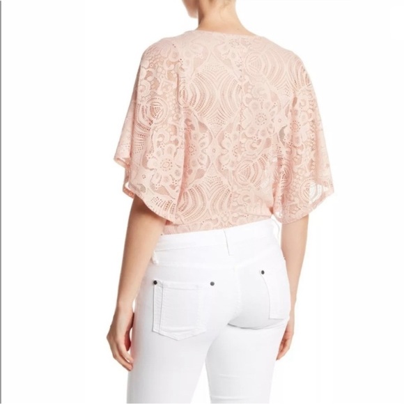 BCBG Maxazria Beats Flutter Sleeve Lace-Up Front Lace Bodysuit - Picture 6 of 16